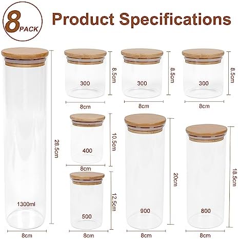  Lannvan Tarros de Cristal para Almacenamiento de Harina - HERMéticos con Tapa de Madera - Juego de 8 Frascos de Vidrio 