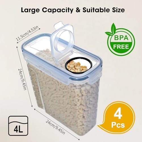 Romon 4 Piezas Set de Botes para Almacenaje Cocina Plástico Herméticos, Ideal para Cereales y Arroz, 4L Tapa Sellada