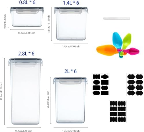24 Herméticos Set Alimentos |8L+2L+1.4L+0.8L - Botes Cocina Airtight con 24 Etiquetas Pizarra - Ideal para Cereales, Pas