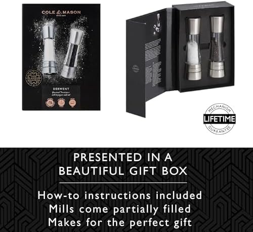 Cole & Mason Derwent Juego de Molinillos de Sal y Pimienta - Preciso y Duradero Ajuste de Cerámica, Diseño de Acero Inox